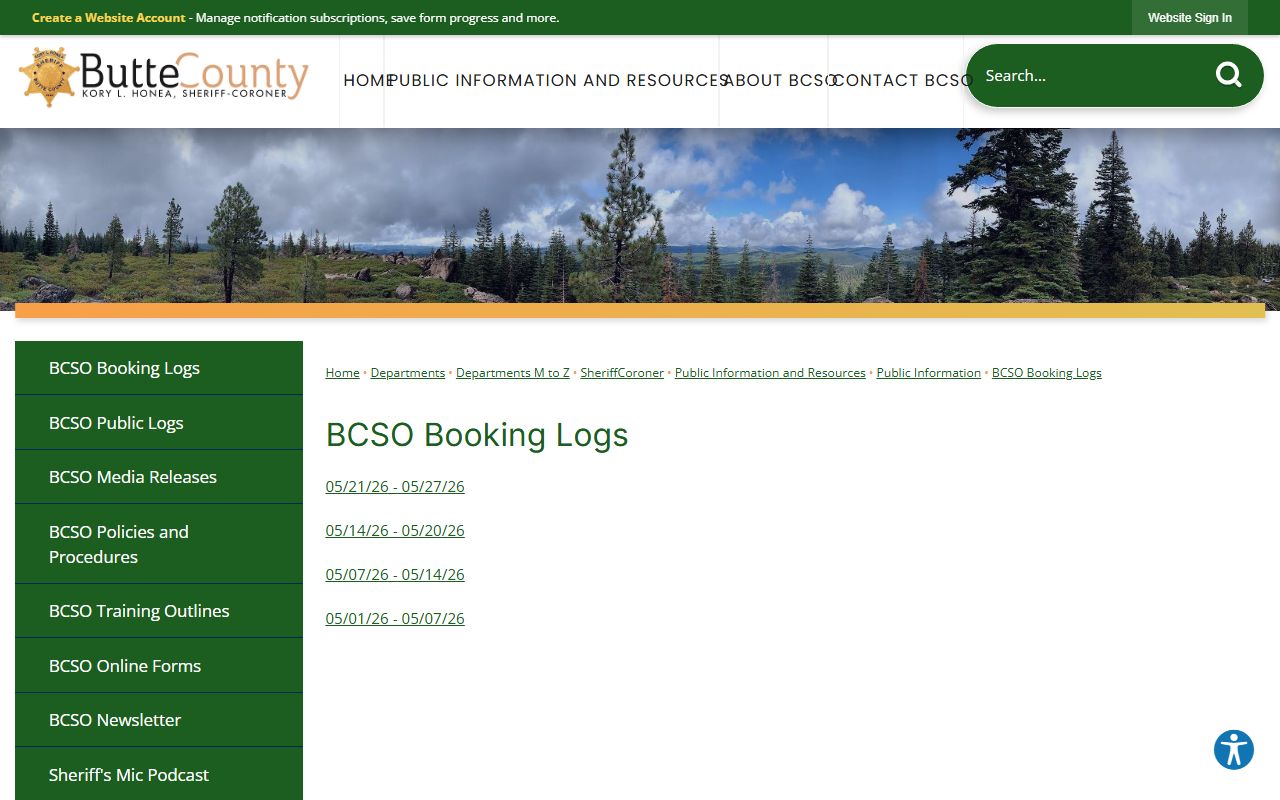 Butte County inmate population booking logs page