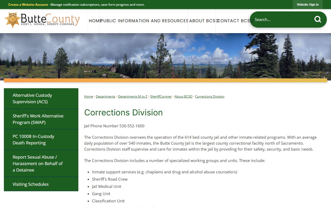Butte County Jail custody services on the BCSO Corrections Division page